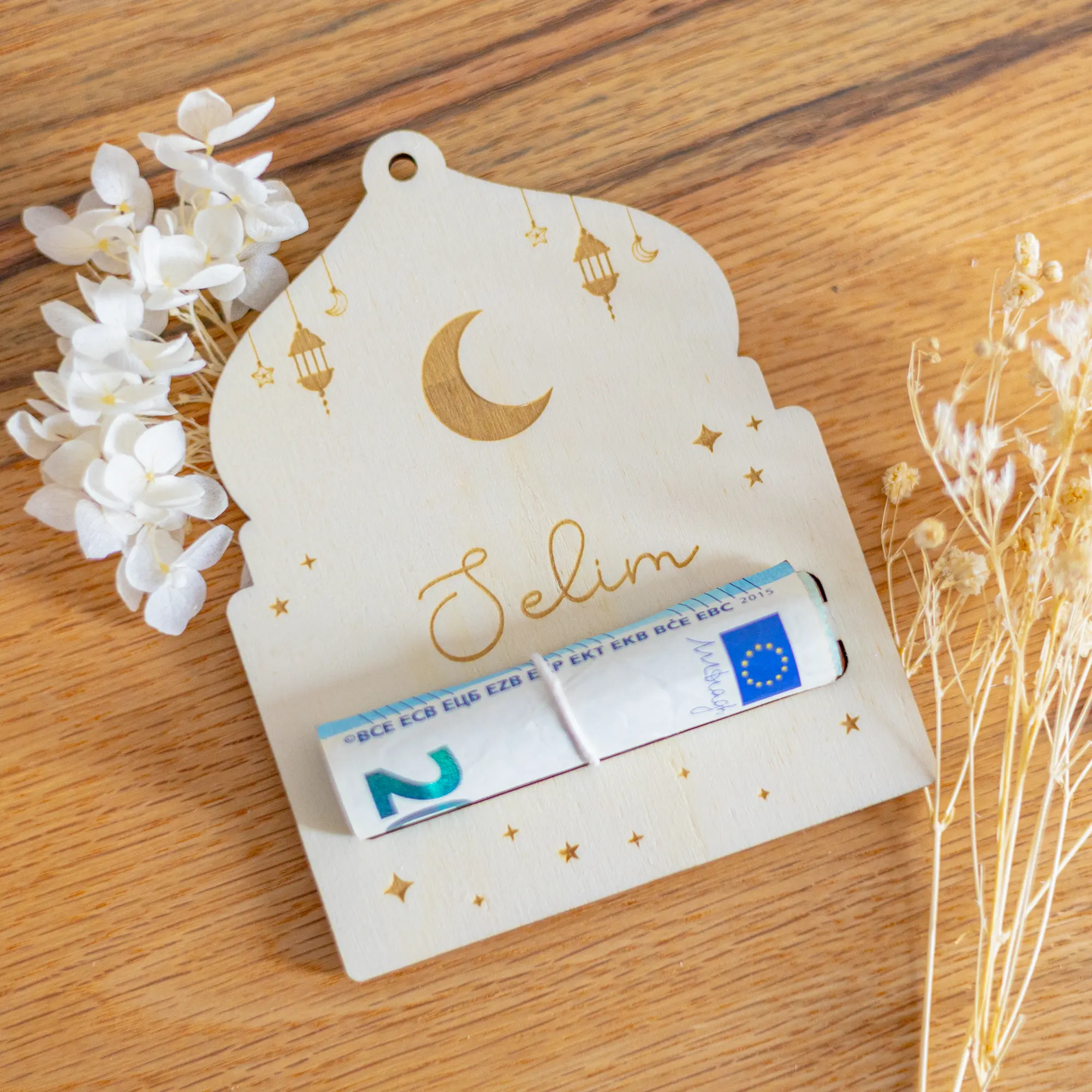 Personalisierter Geldgeschenk Anhänger zu Ramadan aus Holz, Moscheeform