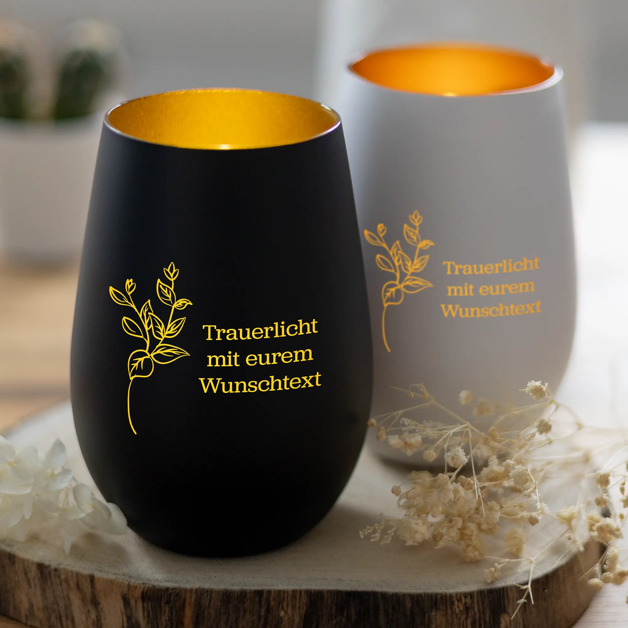 Personalisiertes Trauerlicht Mit Wunschtext Und Blumenranke