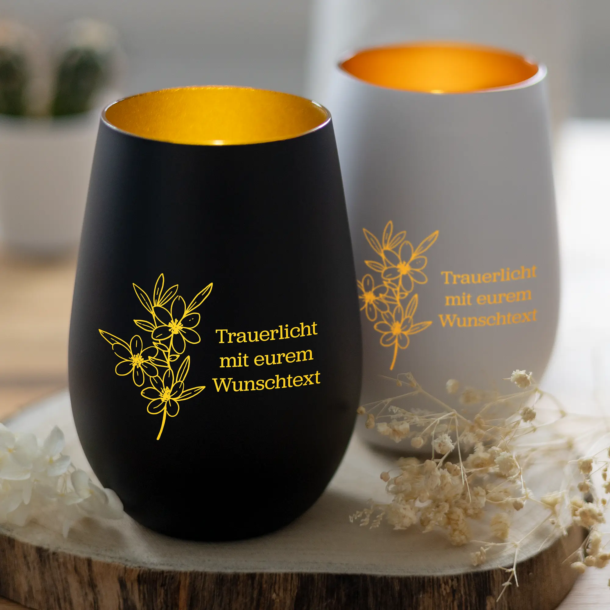 Personalisiertes Trauerlicht mit Wunschtext und Blume