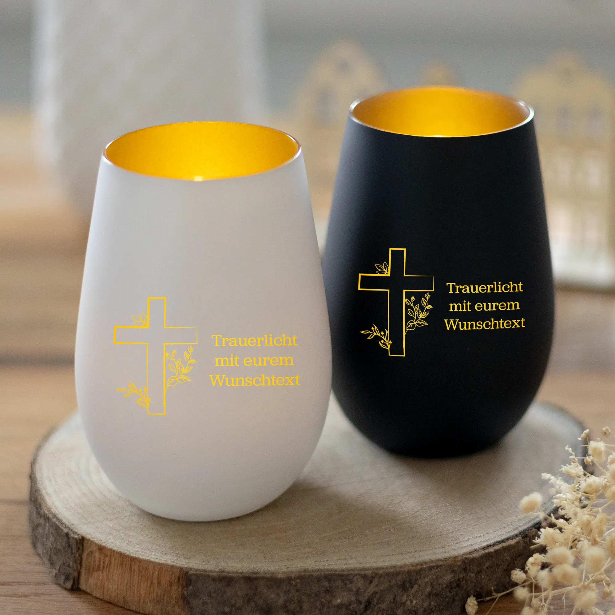 Personalisiertes Trauerlicht Mit Wunschtext Und Kreuz-Motiv – Bild 5