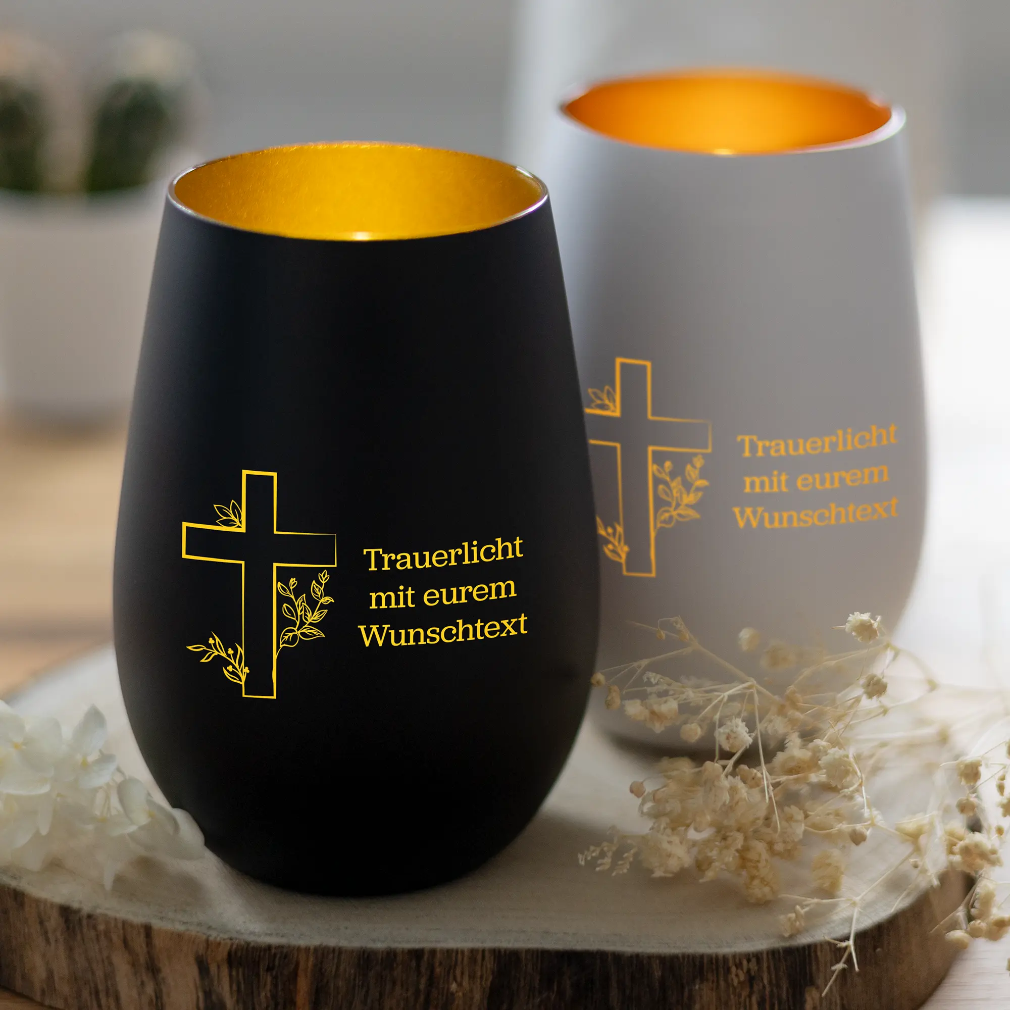 Personalisiertes Trauerlicht Mit Wunschtext Und Kreuz-Motiv