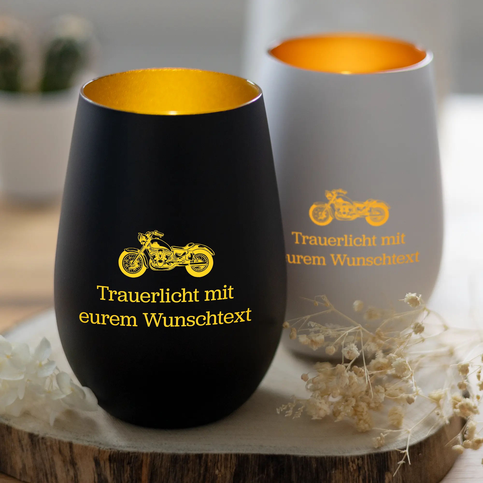 Personalisiertes Trauerlicht mit Motorradsilhouette