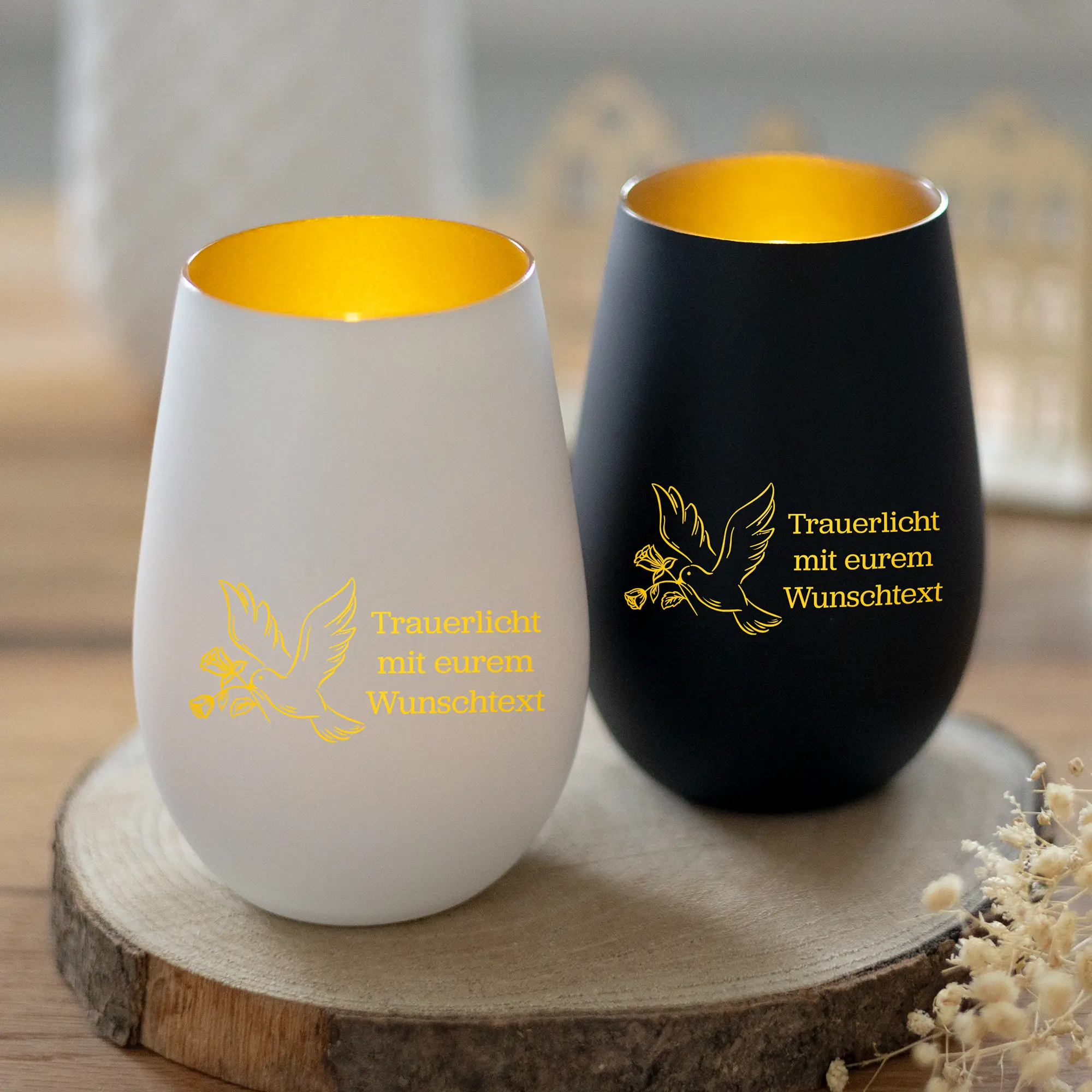 Personalisiertes Trauerlicht mit Wunschtext und Taube mit Blume – Bild 7
