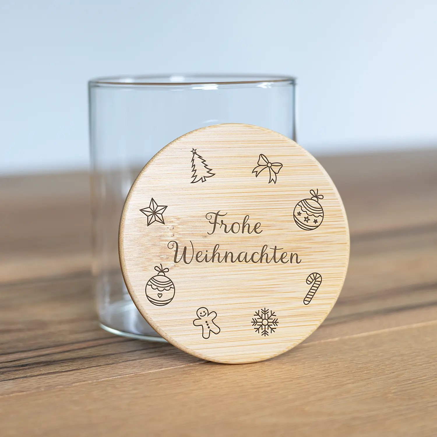 Vorratsglas „Frohe Weihnachten“ mit verschiedenen Weihnachtsmotiven