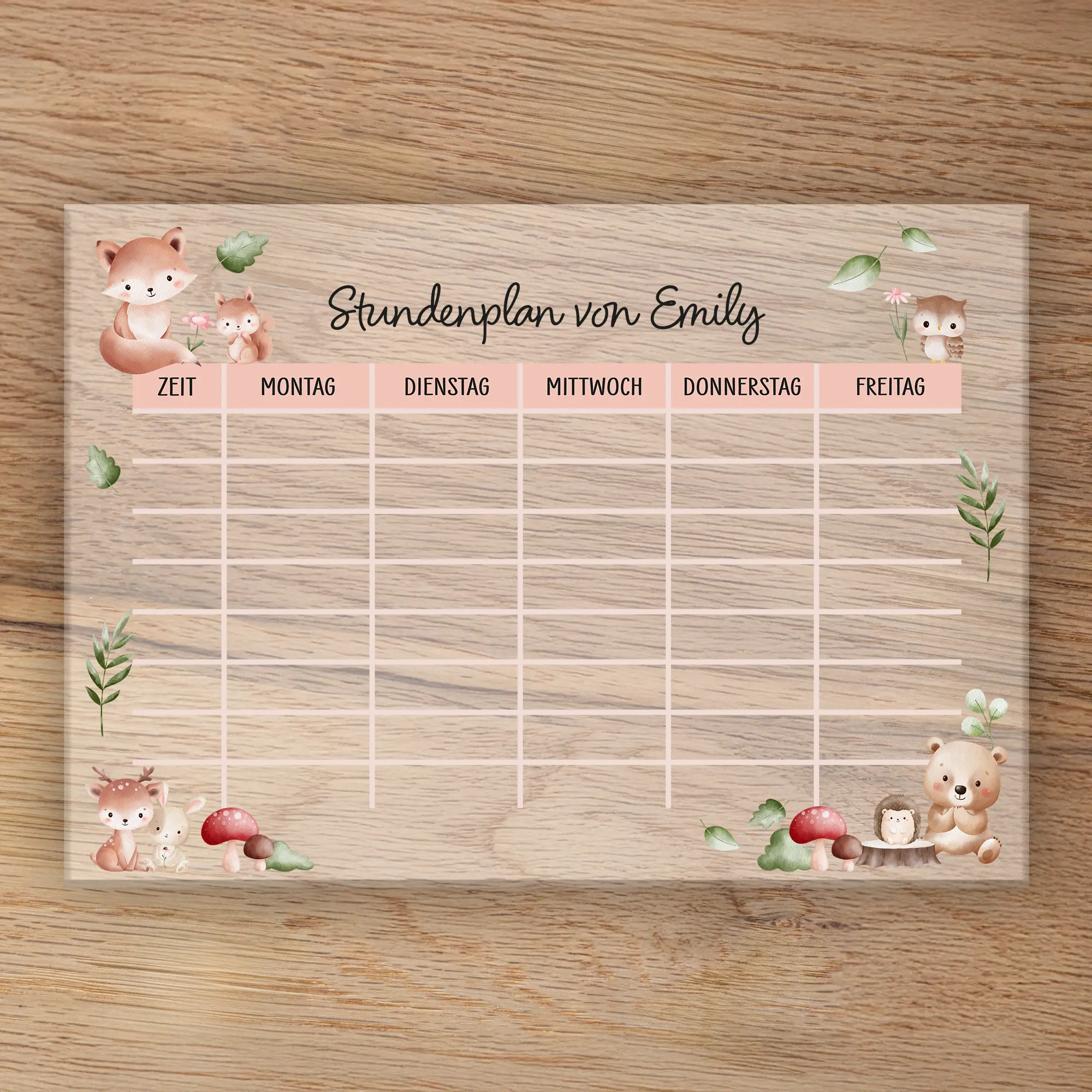 Personalisierter Stundenplan aus Acrylglas – Motiv Waldtiere