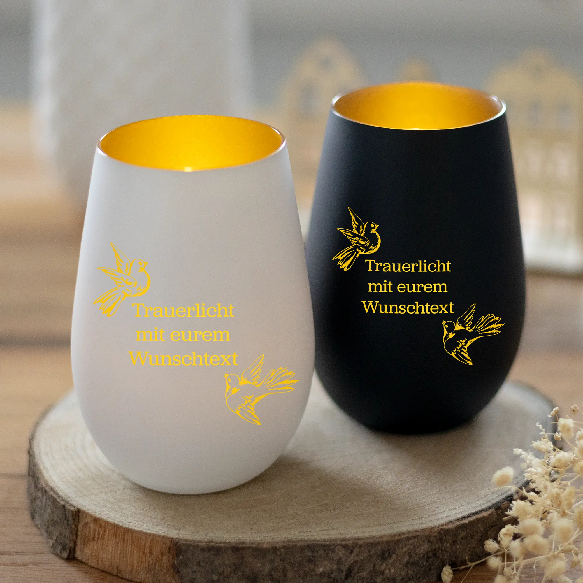 Personalisiertes Trauerlicht mit Wunschtext und Taubenmotiv – Bild 5