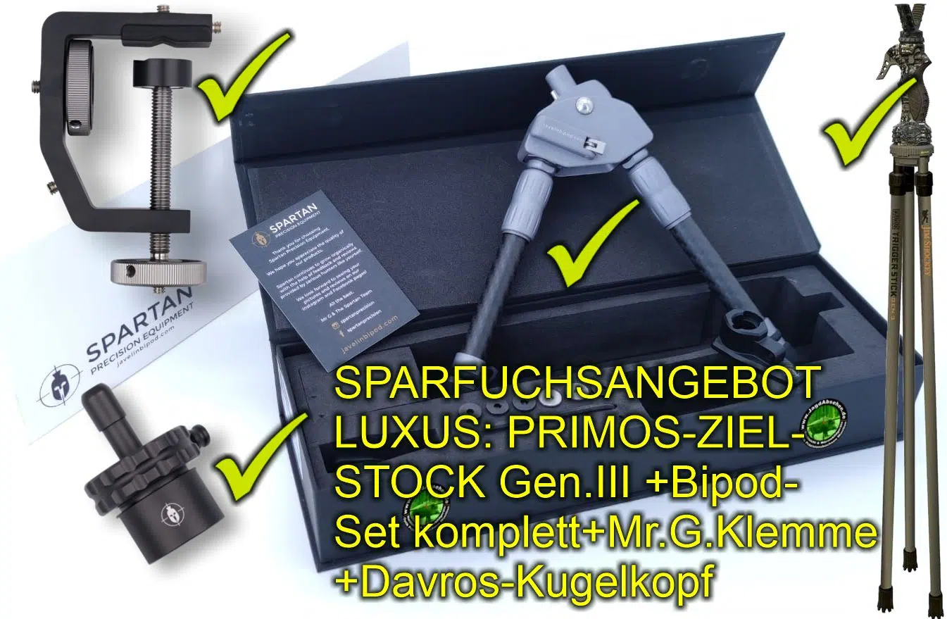Sparfuchsangebot LUXUS: PRIMOS-3-Bein Zielstock+Spartan Mr. G. Klemmhalter + Kugelkopf Davros-Head + Javelin Prohunt Standard Bipod Zweibein bei Jagdabsehen in Karlsruhe