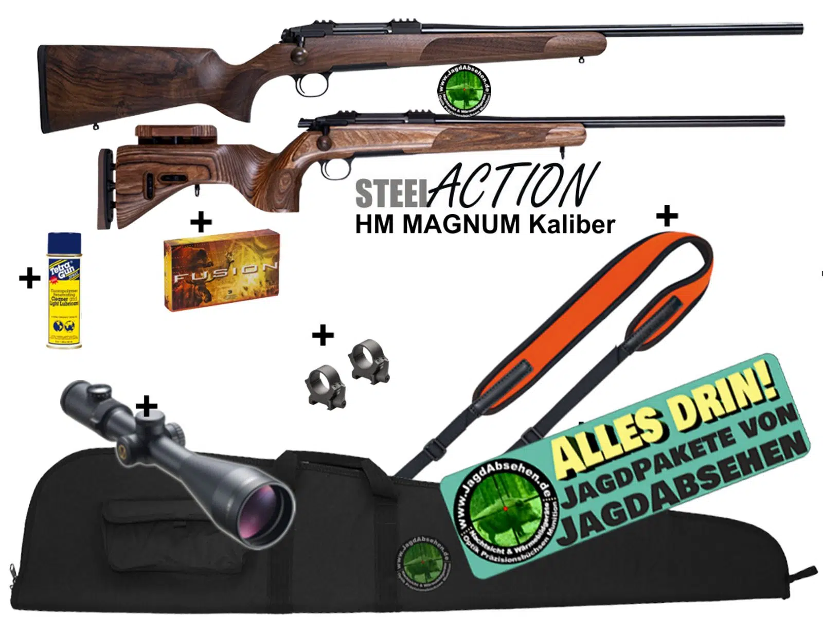 Repetierbüchse STEEL ACTION HM Kalibergruppe Hunting MAGNUM Paket von Jagdabsehen